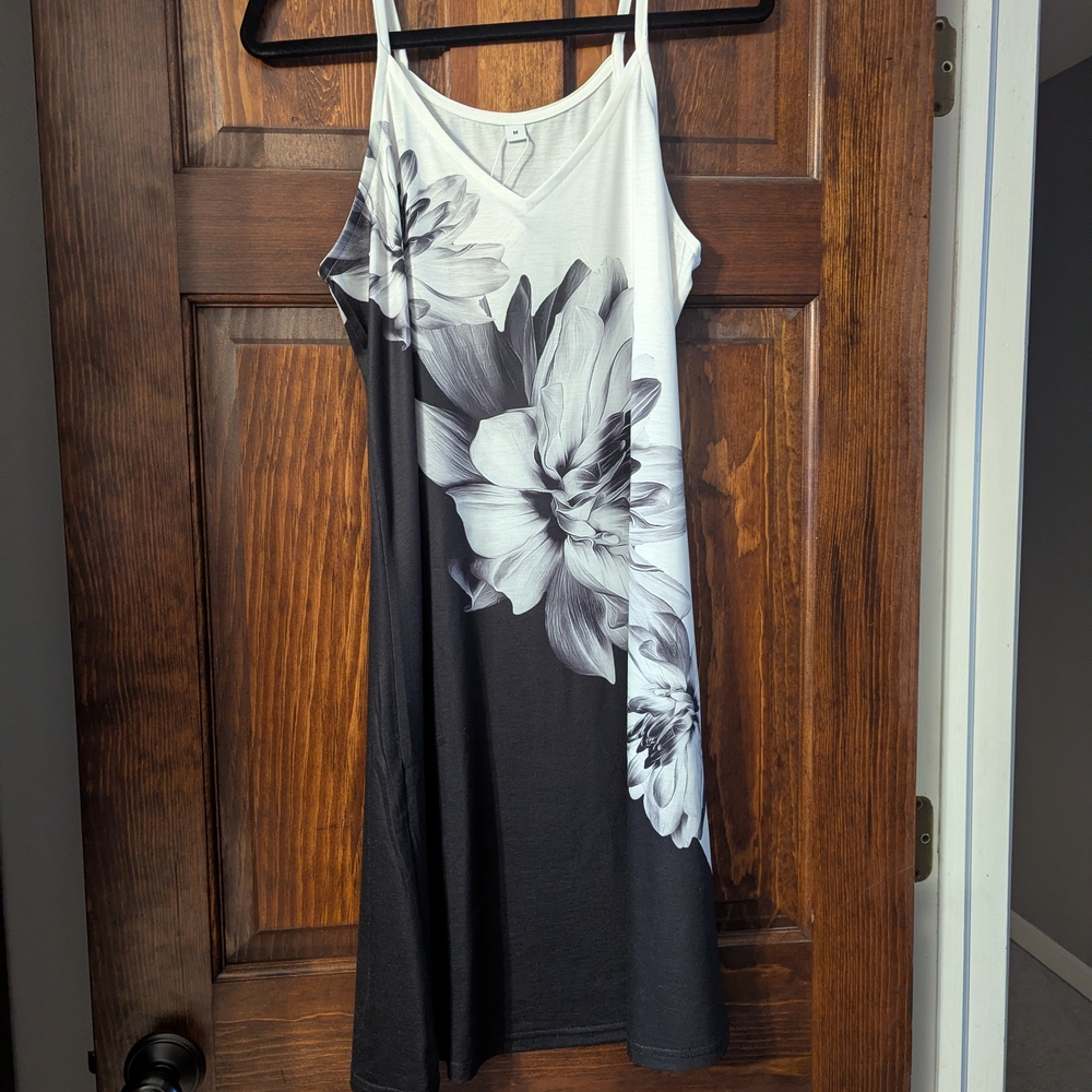 Black & White Floral Midi Slip Dress with Spaghetti Straps